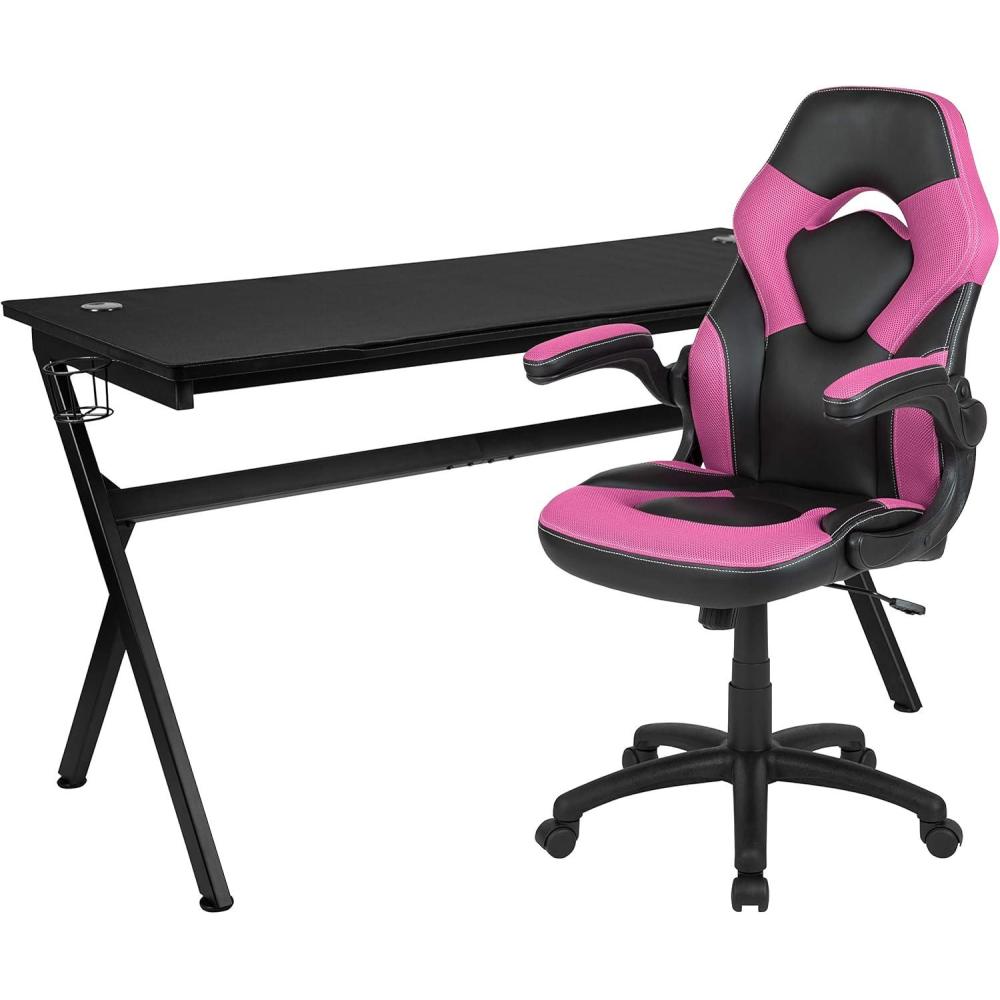imageFlash Furniture Gaming Desk and Black Racing Chair SetCup HolderHeadphone HookRemovable Mouse Pad Top 2 Wire Management HolesPink