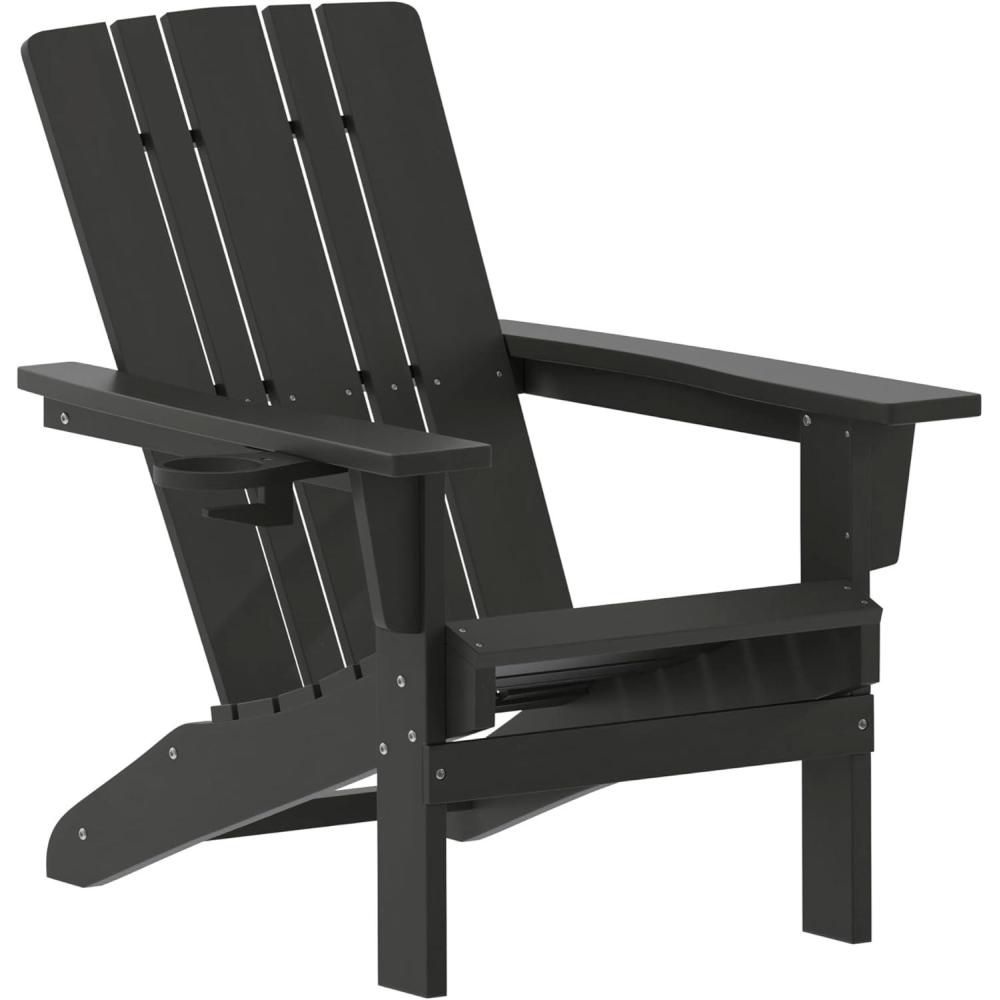 imageFlash Furniture Halifax Adirondack Chair with Cup Holder Weather Resistant Poly Resin Adirondack Chair Gray Set of 1Black