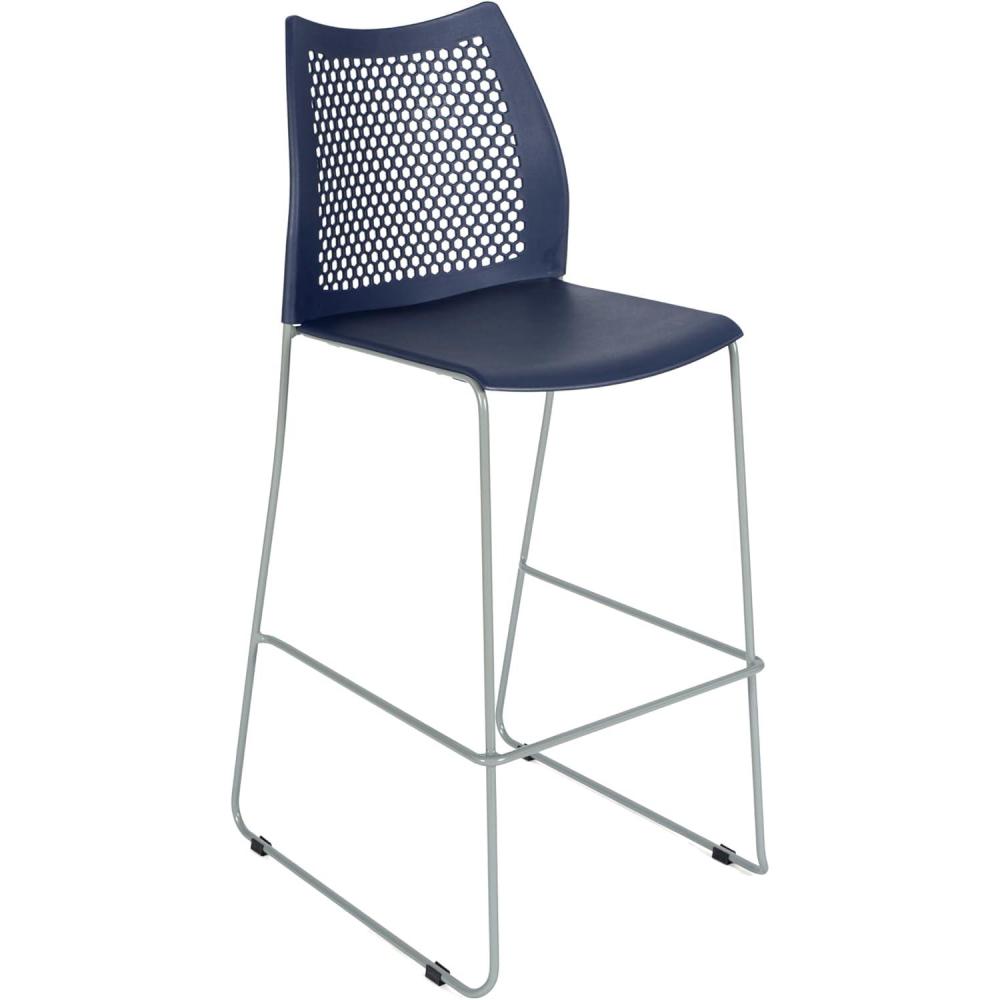 imageFlash Furniture Hercules Stacking Bar Height Stool with Vented Backrest and Gray Powder Coated Steel Sled Base with Integrated Footrest Commercial Portable Stool Set of 3 NavyNavy PlasticGray Frame