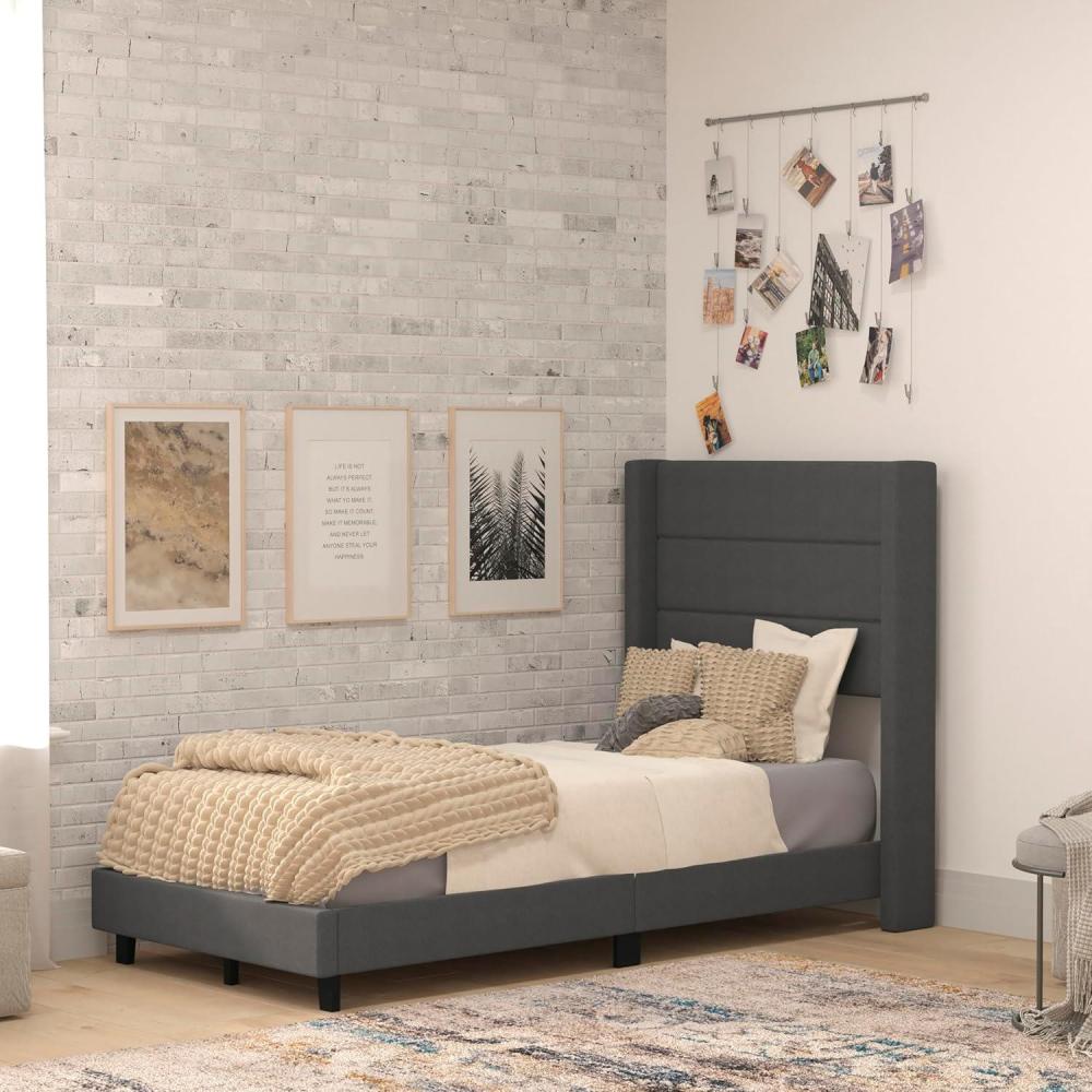 imageFlash Furniture Hollis Upholstered Platform Bed  Gray Faux Linen Wingback Headboard  King  Mattress Foundation with Slatted Supports  No Box Spring NeededCharcoal