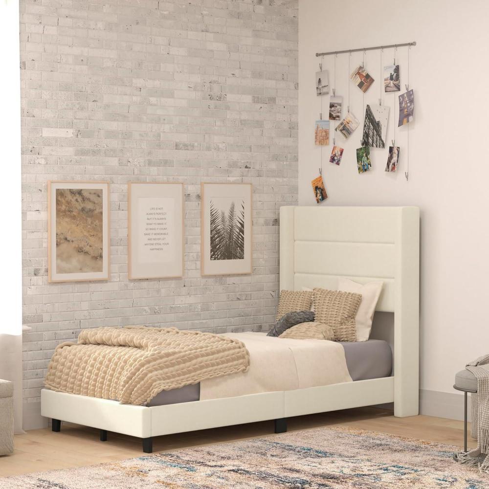 imageFlash Furniture Hollis Upholstered Platform Bed Gray Faux Linen Wingback Headboard King Mattress Foundation with Slatted Supports No Box Spring NeededBeige