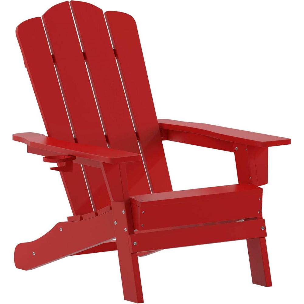 imageFlash Furniture Newport Adirondack Chair with Cup Holder Weather Resistant Poly Resin Adirondack Chair BlueRed