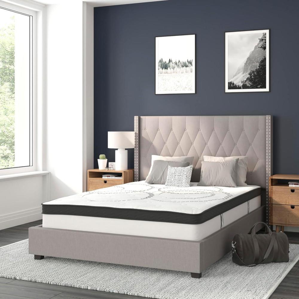 imageFlash Furniture Riverdale Full Size Tufted Upholstered Platform Bed in Beige Fabric with 10 Inch CertiPURUS Certified Pocket Spring MattressLight Gray