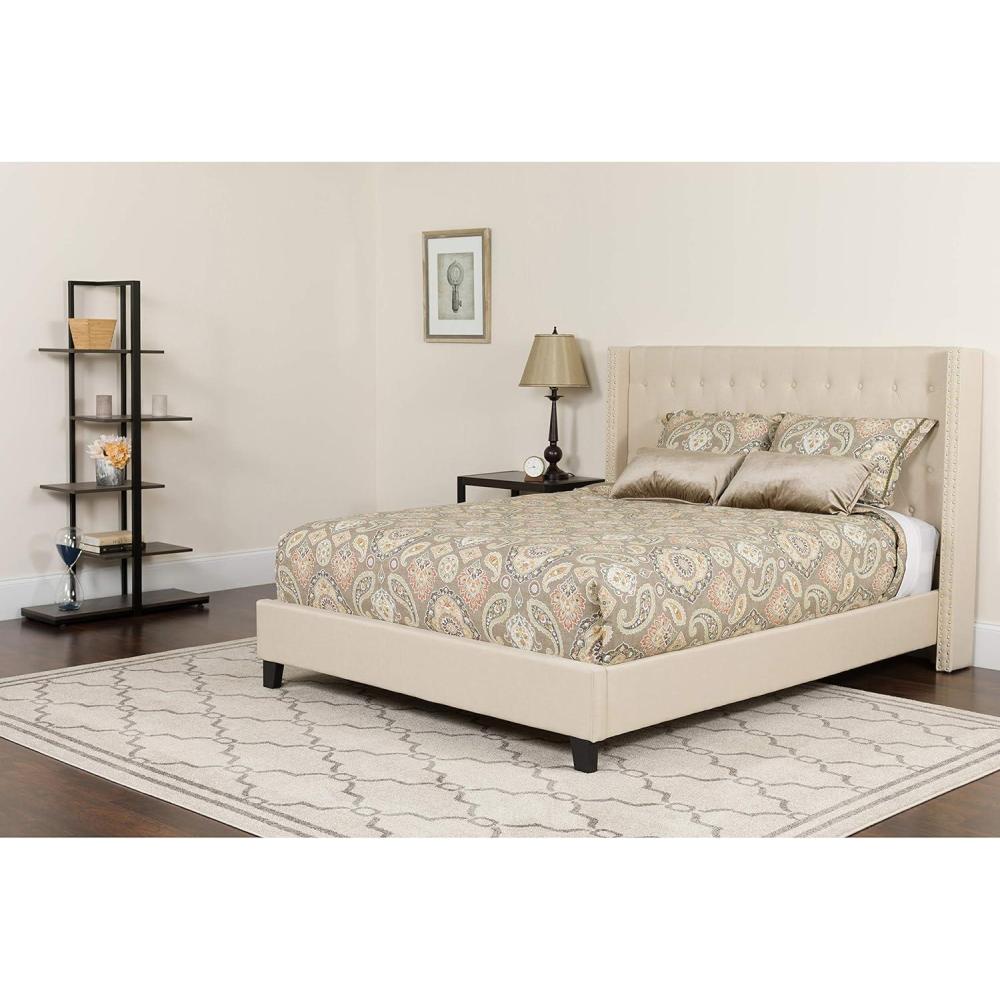 imageFlash Furniture Riverdale Queen Size Tufted Upholstered Platform Bed in Beige Fabric with Memory Foam Mattress