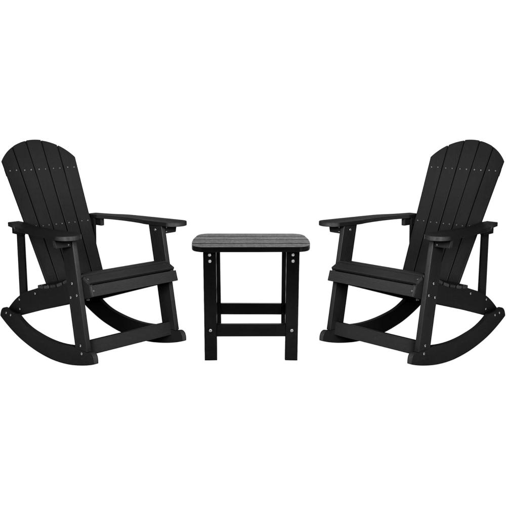 imageFlash Furniture Set of 2 Savannah Adirondack Rocking Chairs Commercial Grade AllWeather Sea Foam Poly Resin Wood Matching Side TableBlack