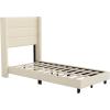 Flash Furniture Hollis Upholstered Platform Bed – Gray Faux Linen Wingback Headboard – King – Mattress Foundation with Slatted Supports – No Box Spring Needed(Beige)