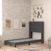 Flash Furniture Hollis Upholstered Platform Bed – Gray Faux Linen Wingback Headboard – King – Mattress Foundation with Slatted Supports – No Box Spring Needed(Charcoal)