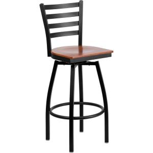 Flash Furniture 2 Pack HERCULES Series Black Ladder Back Swivel Metal Barstool – Black Vinyl Seat(Cherry Wood Seat/Black Metal Frame)