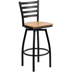 Flash Furniture 2 Pack HERCULES Series Black Ladder Back Swivel Metal Barstool – Black Vinyl Seat(Natural Wood Seat/Black Metal Frame)