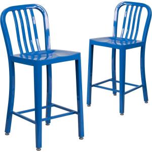 Flash Furniture 24″ Commercial Grade Metal Counter Height Stool with Footrest, Modern Vertical Slat Back Stool for Restaurants and Kitchens, Silver(Blue)