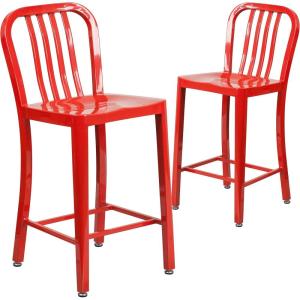 Flash Furniture 24″ Commercial Grade Metal Counter Height Stool with Footrest, Modern Vertical Slat Back Stool for Restaurants and Kitchens, Silver(Red)