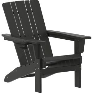 Flash Furniture Halifax Adirondack Chair with Cup Holder, Weather Resistant Poly Resin Adirondack Chair, Gray, Set of 1(Black)