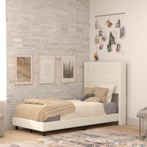 Flash Furniture Hollis Upholstered Platform Bed – Gray Faux Linen Wingback Headboard – King – Mattress Foundation with Slatted Supports – No Box Spring Needed(Beige)