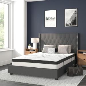 Flash Furniture Riverdale Full Size Tufted Upholstered Platform Bed in Beige Fabric with 10 Inch CertiPUR-US Certified Pocket Spring Mattress(Dark Gray)