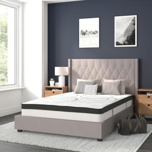 Flash Furniture Riverdale Full Size Tufted Upholstered Platform Bed in Beige Fabric with 10 Inch CertiPUR-US Certified Pocket Spring Mattress(Light Gray)