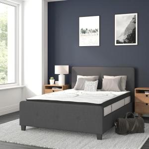 Flash Furniture Tribeca Full Size Tufted Upholstered Platform Bed in Light Gray Fabric with 10 Inch CertiPUR-US Certified Pocket Spring Mattress(Dark Gray)