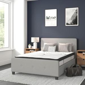 Flash Furniture Tribeca Full Size Tufted Upholstered Platform Bed in Light Gray Fabric with 10 Inch CertiPUR-US Certified Pocket Spring Mattress(Light Gray)