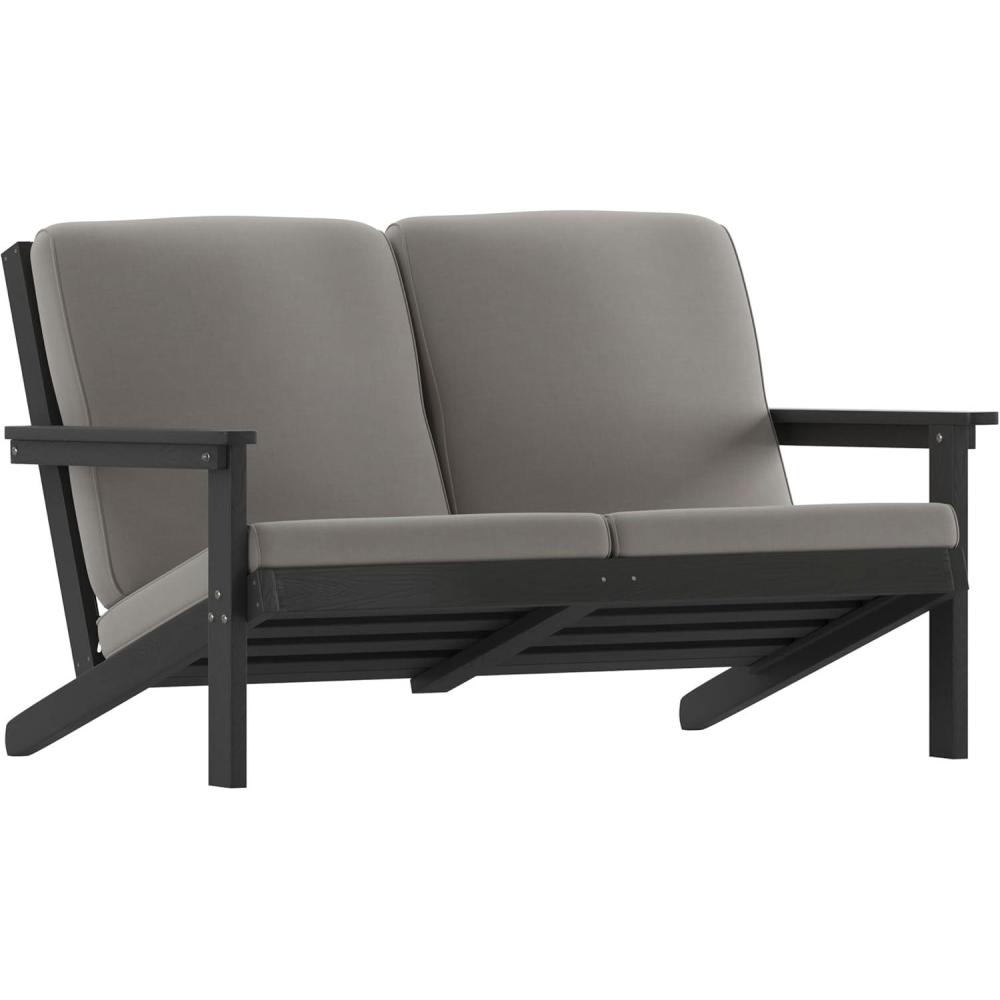imageFlash Furniture Charlestown Adirondack Style Deep Seat Patio Loveseat with Cushions Gray Poly Resin Frame Gray AllWeather Cushions IndoorOutdoorBlackCharcoal