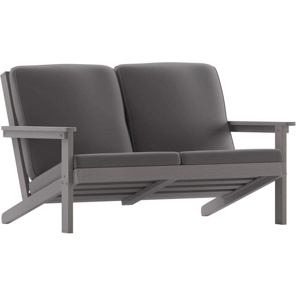 imageFlash Furniture Charlestown Adirondack Style Deep Seat Patio Loveseat with Cushions Gray Poly Resin Frame Gray AllWeather Cushions IndoorOutdoorGrey