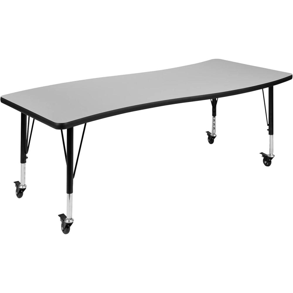 image:imageFlash Furniture Mobile 26quotW x 60quotL Rectangular Wave Collaborative Grey Thermal Laminate Activity Table Height Adjustable Short LegsGrey