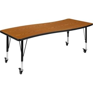 Flash Furniture Mobile 26″W x 60″L Rectangular Wave Collaborative Grey Thermal Laminate Activity Table – Height Adjustable Short Legs(Oak)