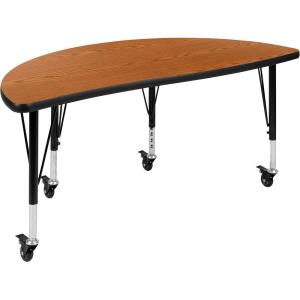 Flash Furniture Mobile 47.5″ Half Circle Wave Collaborative Grey Thermal Laminate Activity Table – Height Adjustable Short Legs(Oak)