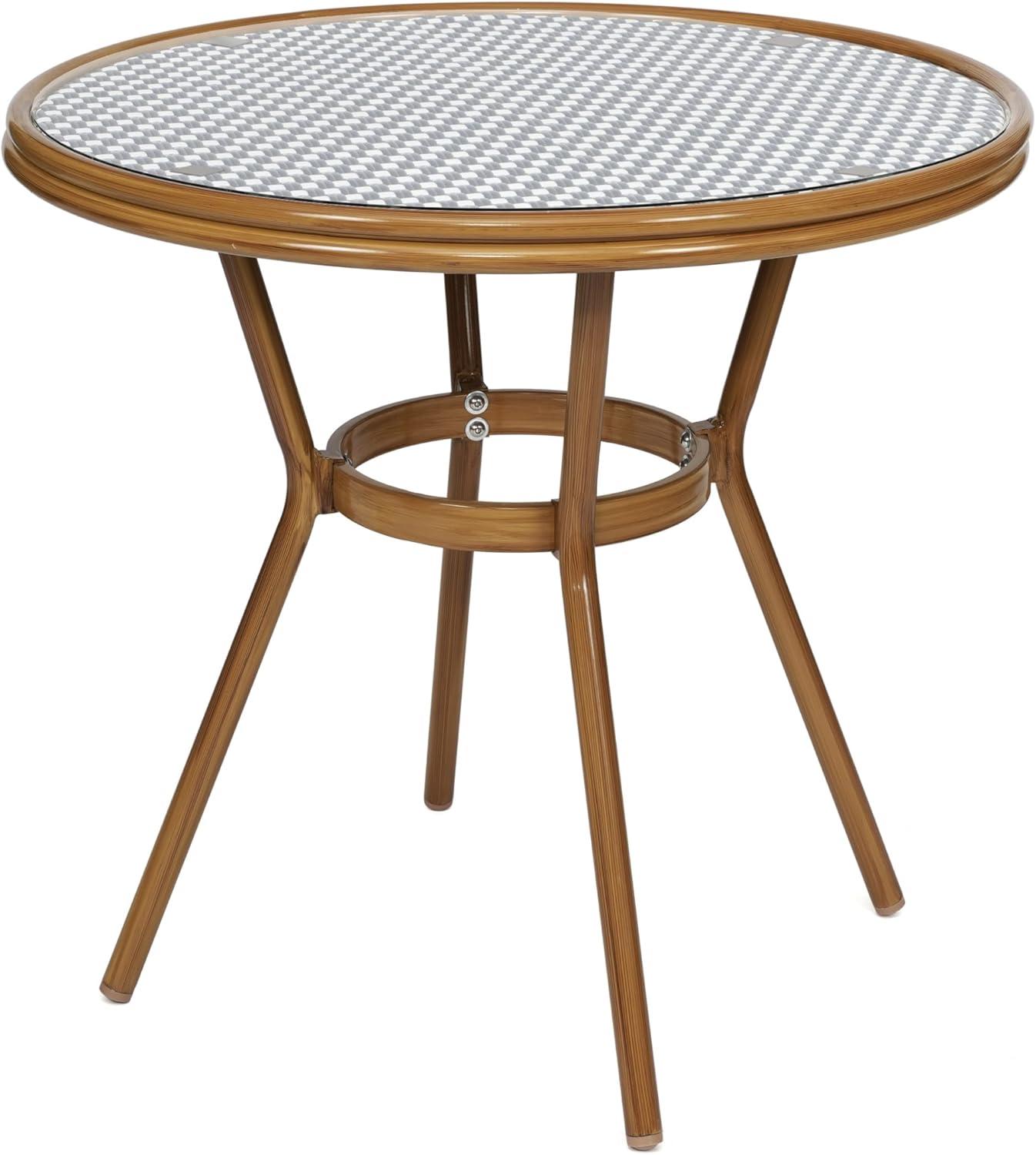 image:imageFlash Furniture Bordeaux IndoorOutdoor Commercial Bistro Set Tempered Glass Top Table 4 Chairs PE Rattan NAT Bamboo Print Aluminum Frame NavyWhiteNavy White RattanNatural Frame