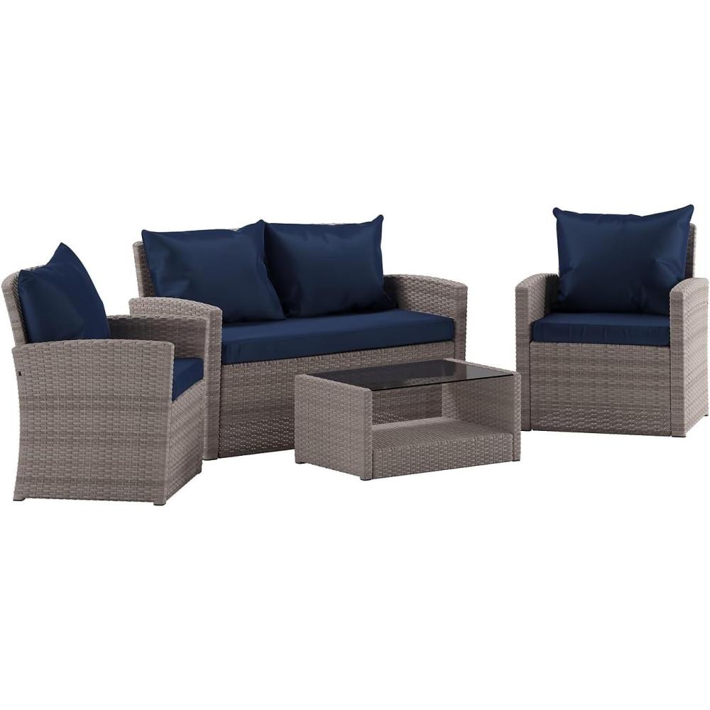 image:imageFlash Furniture Aransas Series 4 Piece Brown Patio Set with Beige Back Pillows and Seat CushionsLight GrayNavy
