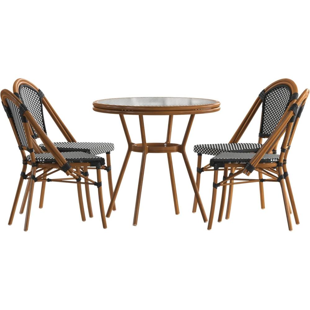 image:imageFlash Furniture Bordeaux IndoorOutdoor Commercial Bistro Set Tempered Glass Top Table 4 Chairs PE Rattan NAT Bamboo Print Aluminum Frame NavyWhiteBlack White RattanNatural Frame
