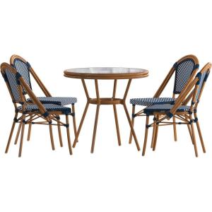 Flash Furniture Bordeaux Indoor/Outdoor Commercial Bistro Set – Tempered Glass Top Table – 4 Chairs – PE Rattan – NAT Bamboo Print Aluminum Frame – Navy/White(Navy & White Rattan/Natural Frame)