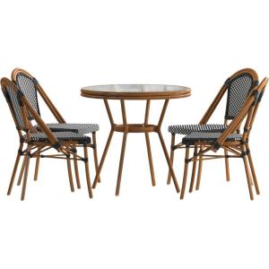 Flash Furniture Bordeaux Indoor/Outdoor Commercial Bistro Set – Tempered Glass Top Table – 4 Chairs – PE Rattan – NAT Bamboo Print Aluminum Frame – Navy/White(Black & White Rattan/Natural Frame)