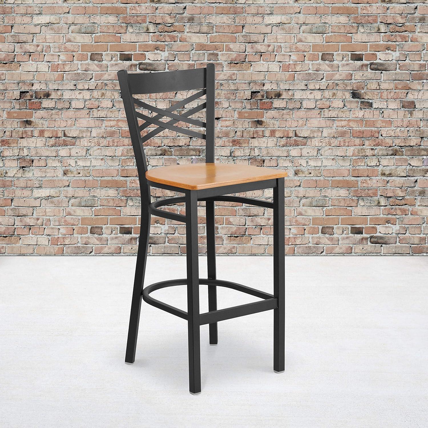 image:imageFlash Furniture HERCULES Series Black X Back Metal Restaurant Barstool Black Vinyl SeatNatural Wood SeatBlack Metal Frame
