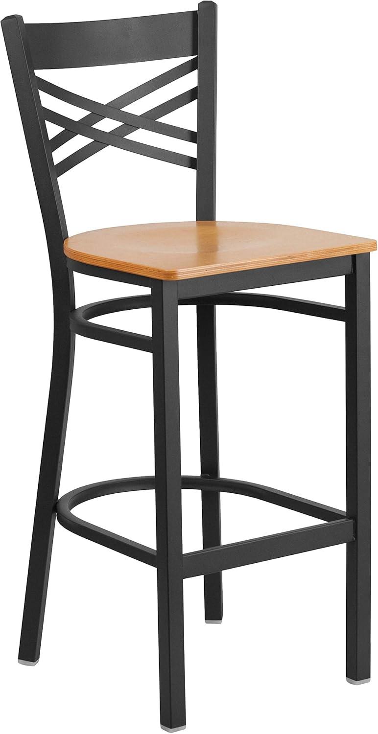 image:imageFlash Furniture HERCULES Series Black X Back Metal Restaurant Barstool Black Vinyl SeatNatural Wood SeatBlack Metal Frame