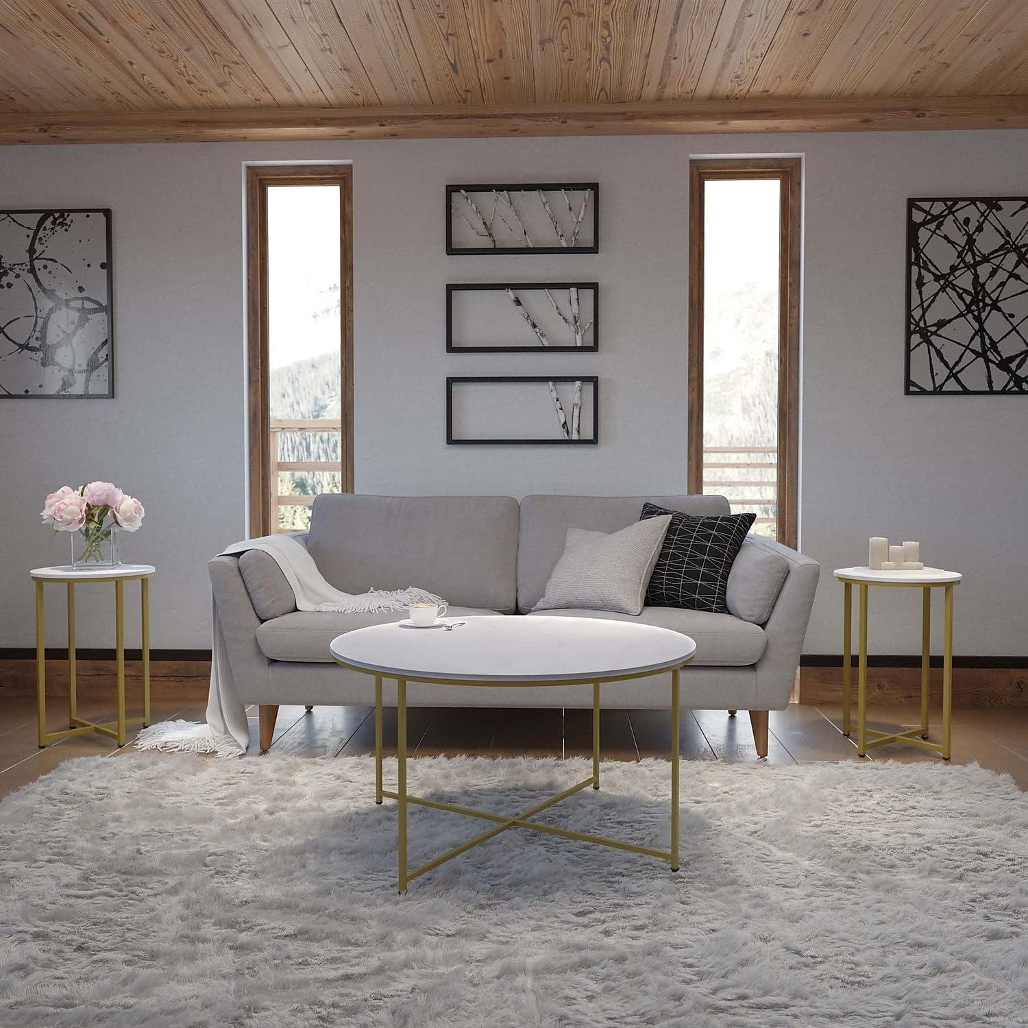 image:imageFlash Furniture Hampstead Collection Coffee and End Table Set White Marbled Laminate Top amp Matte Gold Crisscross Frame 3 Piece Occasional Table Set