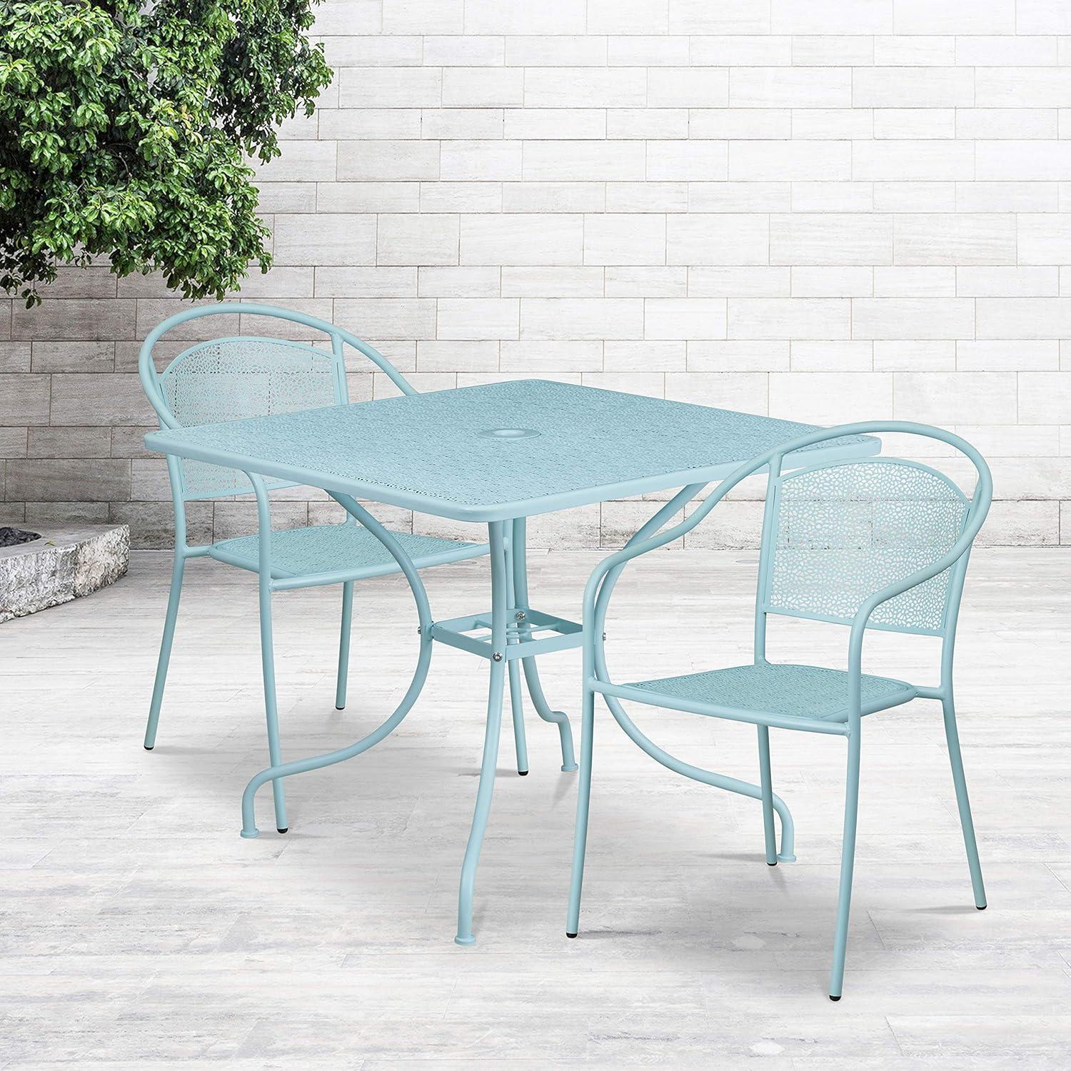 image:imageFlash Furniture Oia Commercial Grade 28 Square Black IndoorOutdoor Steel Patio Table Set with 2 Round Back ChairsSky Blue