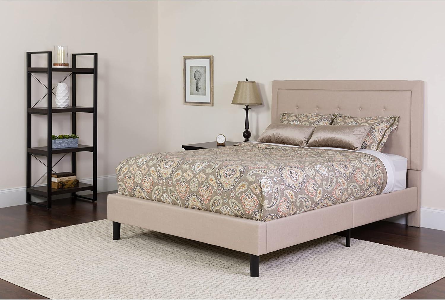 image:imageFlash Furniture Roxbury Queen Size Tufted Upholstered Platform Bed in Dark Gray Fabric with Memory Foam MattressBeige