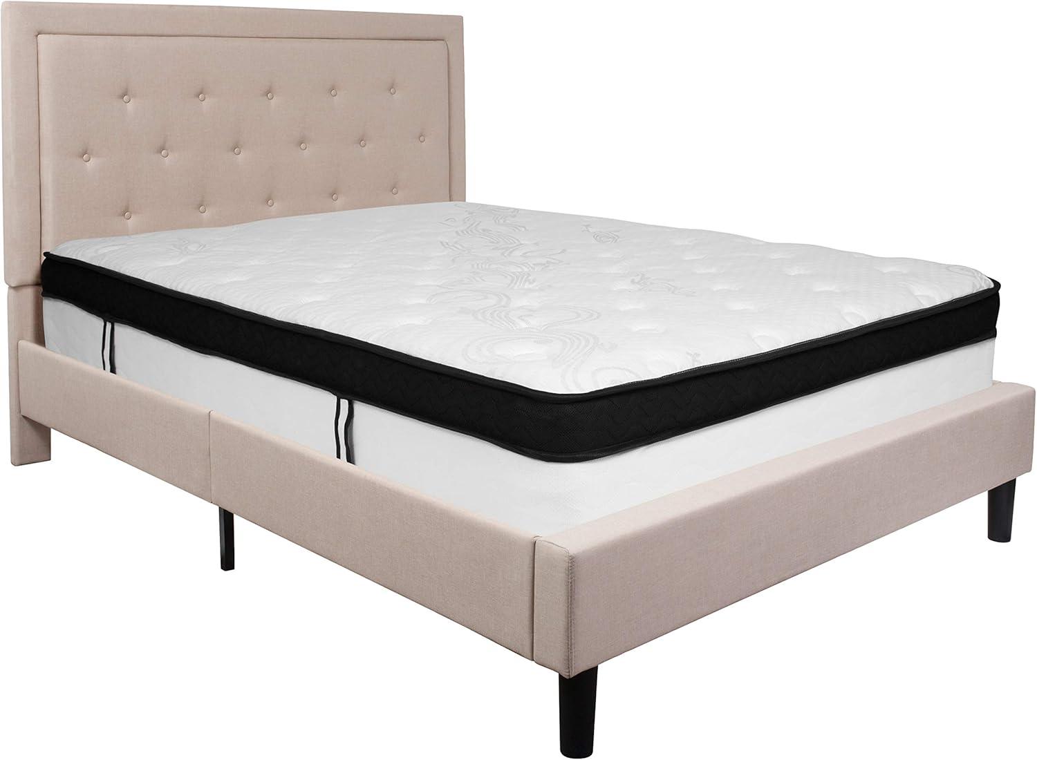 image:imageFlash Furniture Roxbury Queen Size Tufted Upholstered Platform Bed in Dark Gray Fabric with Memory Foam MattressBeige
