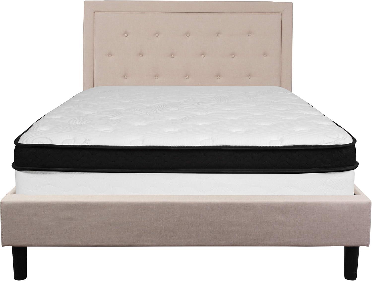 image:imageFlash Furniture Roxbury Queen Size Tufted Upholstered Platform Bed in Dark Gray Fabric with Memory Foam MattressBeige