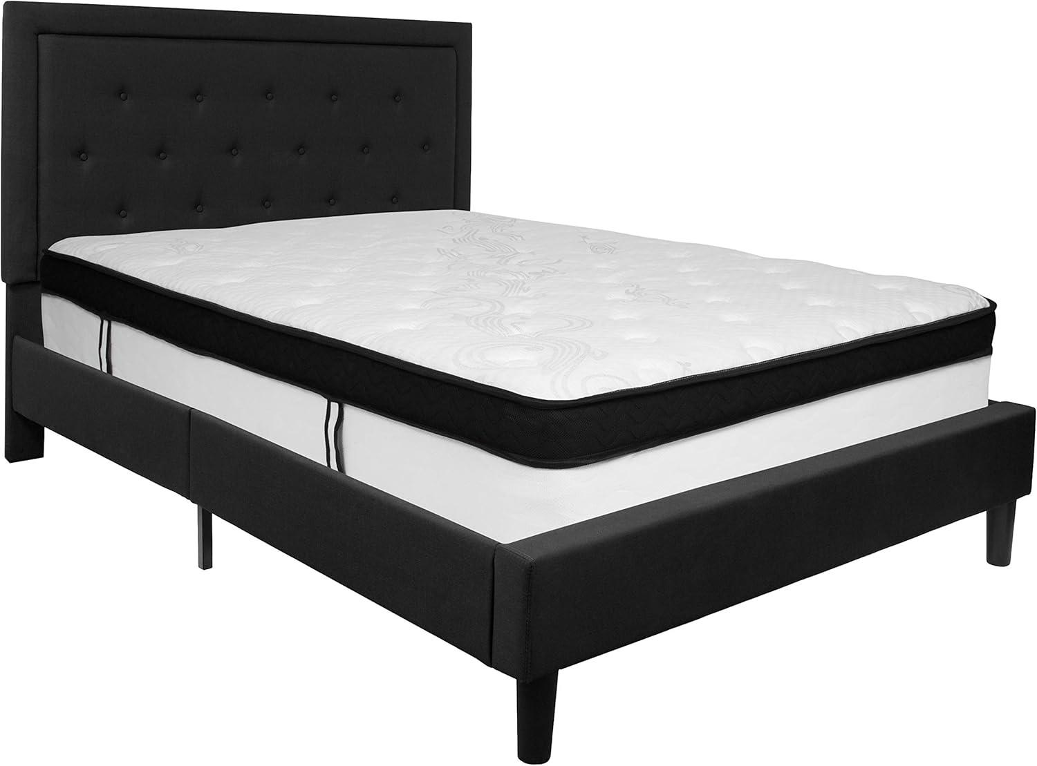 image:imageFlash Furniture Roxbury Queen Size Tufted Upholstered Platform Bed in Dark Gray Fabric with Memory Foam MattressBlack