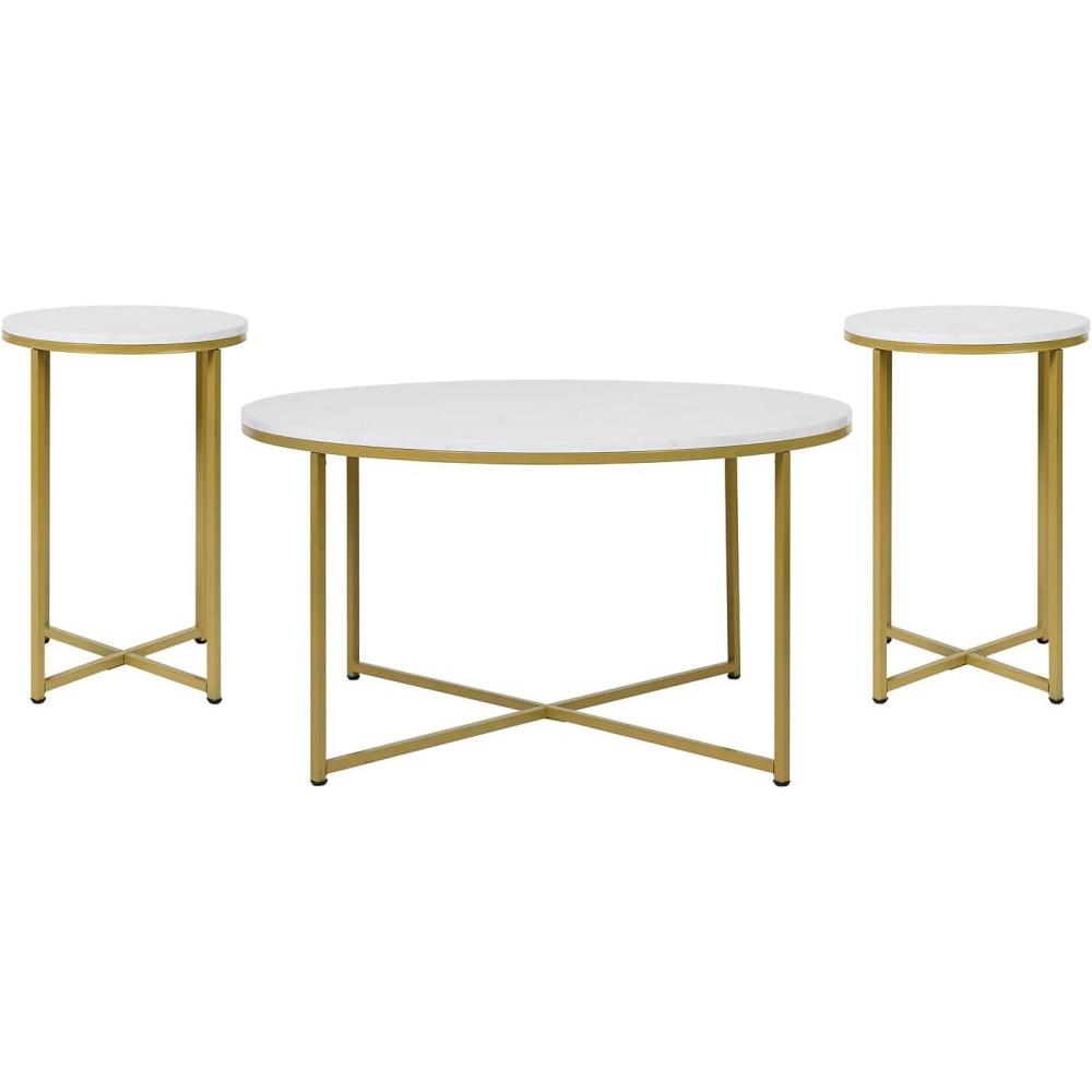 image:imageFlash Furniture Hampstead Collection Coffee and End Table Set White Marbled Laminate Top amp Matte Gold Crisscross Frame 3 Piece Occasional Table Set