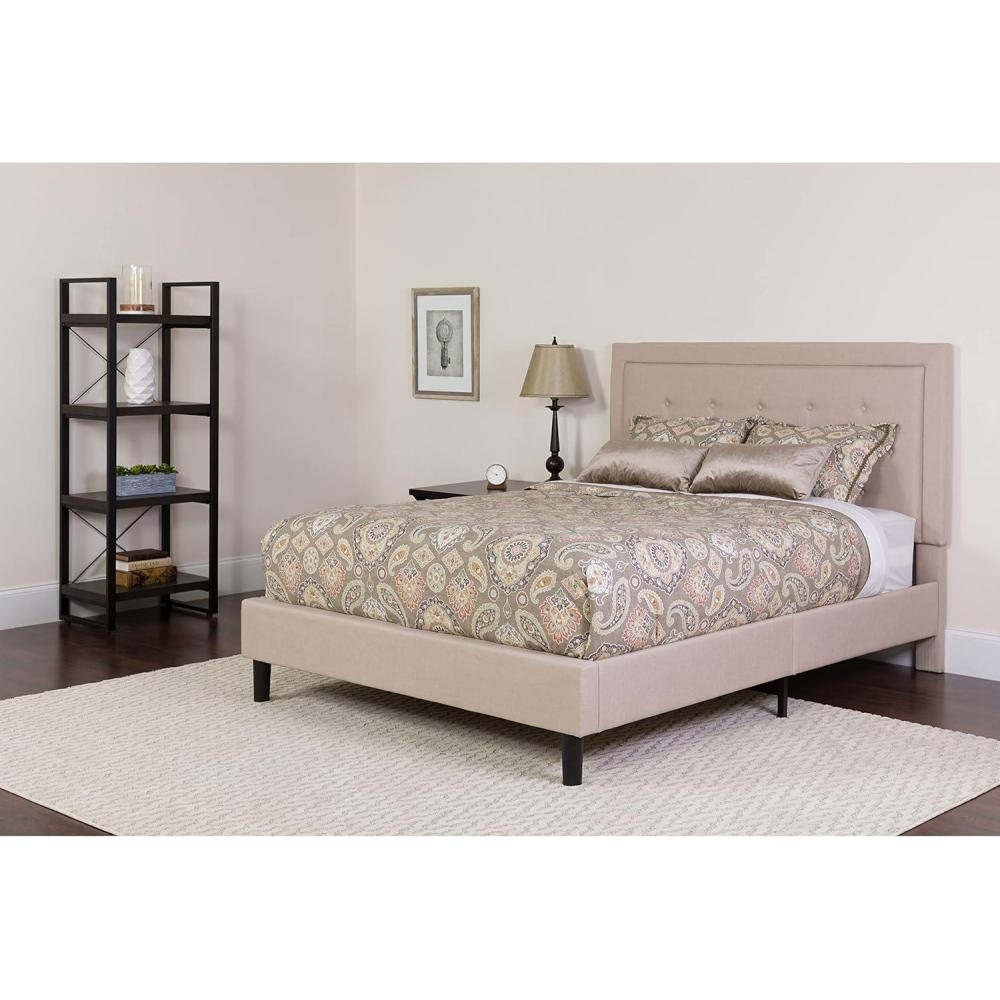 image:imageFlash Furniture Roxbury Queen Size Tufted Upholstered Platform Bed in Dark Gray Fabric with Memory Foam MattressBeige