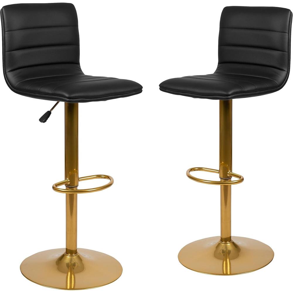 image:imageFlash Furniture Vincent Modern Black Vinyl Adjustable Bar Stool with Back Counter Height Swivel Stool with GoldPedestal Base Set of 2