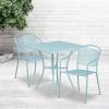 Flash Furniture Oia Commercial Grade 28″ Square Black Indoor-Outdoor Steel Patio Table Set with 2 Round Back Chairs(Sky Blue)