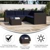 Flash Furniture Roan Patio Seating Set, Wicker PE Rattan Frame, L-Shaped Sectional with Side Lift Coffee Table Storage, Back and Seat Cushions, Brown/Navy(Navy Cushions/Brown Frame)
