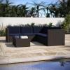 Flash Furniture Roan Patio Seating Set, Wicker PE Rattan Frame, L-Shaped Sectional with Side Lift Coffee Table Storage, Back and Seat Cushions, Brown/Navy(Navy Cushions/Brown Frame)