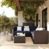 Flash Furniture Roan Patio Seating Set, Wicker PE Rattan Frame, L-Shaped Sectional with Side Lift Coffee Table Storage, Back and Seat Cushions, Brown/Navy(Navy Cushions/Brown Frame)