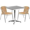 Flash Furniture 27.5” Square Aluminum Indoor-Outdoor Table Set with 2 Dark Brown Rattan Chairs(Beige)