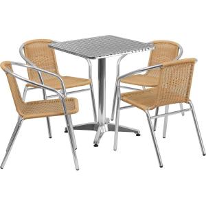 Flash Furniture 23.5” Square Aluminum Indoor-Outdoor Table Set with 4 Dark Brown Rattan Chairs(Beige)