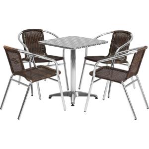 Flash Furniture 23.5” Square Aluminum Indoor-Outdoor Table Set with 4 Dark Brown Rattan Chairs(Dark Brown)