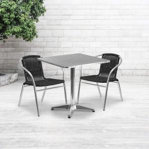 Flash Furniture 27.5” Square Aluminum Indoor-Outdoor Table Set with 2 Dark Brown Rattan Chairs(Black)